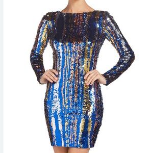 DRESS THE POPULATION
Lola Long-sleeve Sequin
Brushstroke Dress In Cobalt Blue